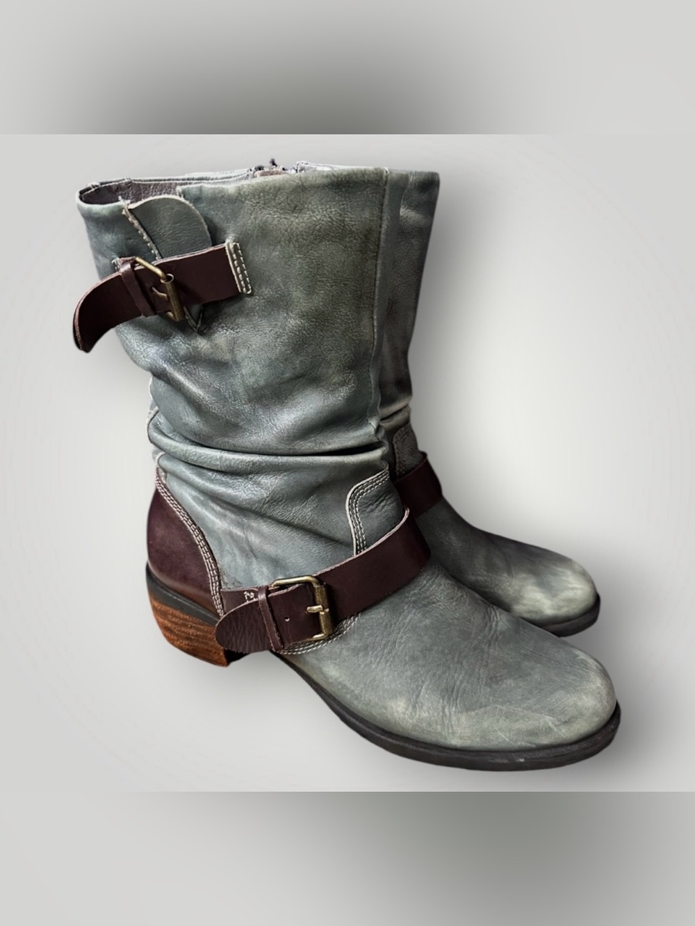 Women’s Leather Mid-Calf Buckle Boots in Green and Brown, Size 39